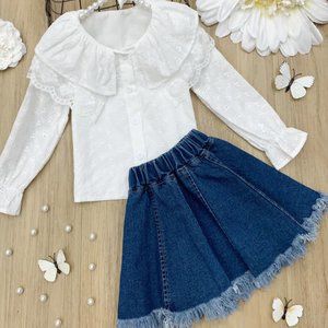 skirt /top casual set with eyelet collar and fringed skirt size 3t